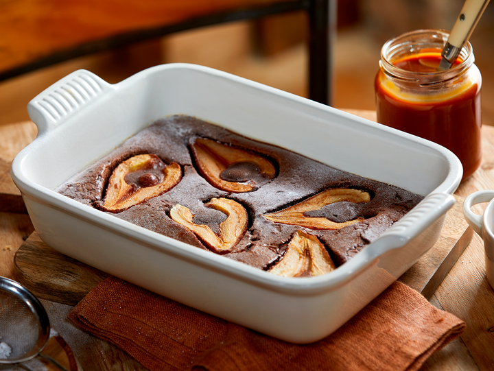 Chocolate and Pear Clafoutis with Caramel Sauce