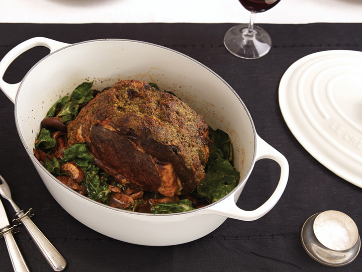 Herb Crusted Rib Roast with Gourmet Mushrooms & Wilted Greens in balsamic pan jus