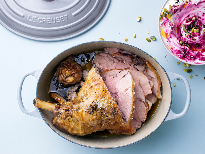 Sweet Garlic Roasted Leg of Lamb with Pink Beetroot Tzatziki