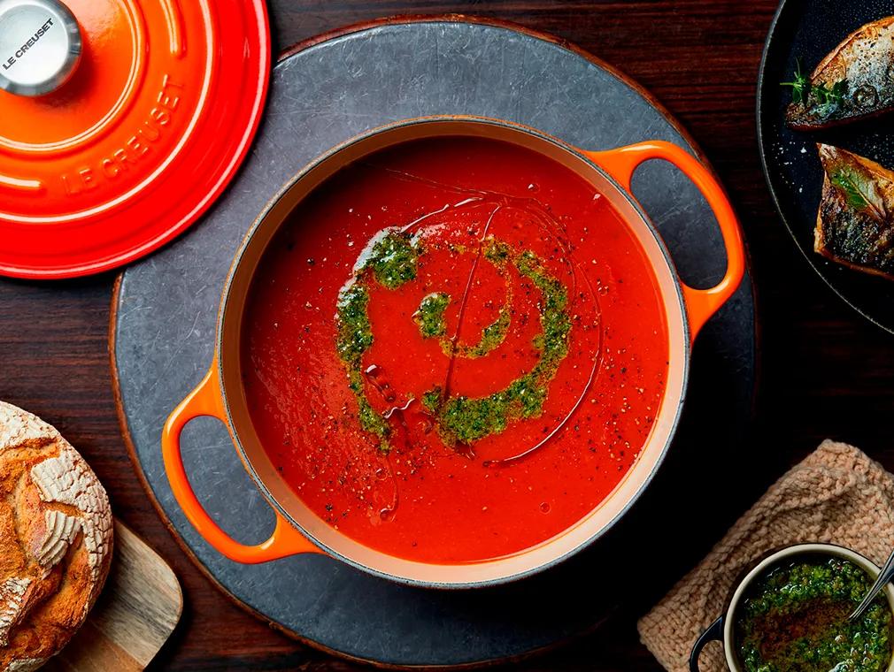 Slow-roast Tomato Soup with Fried Mackerel and Basil Pesto