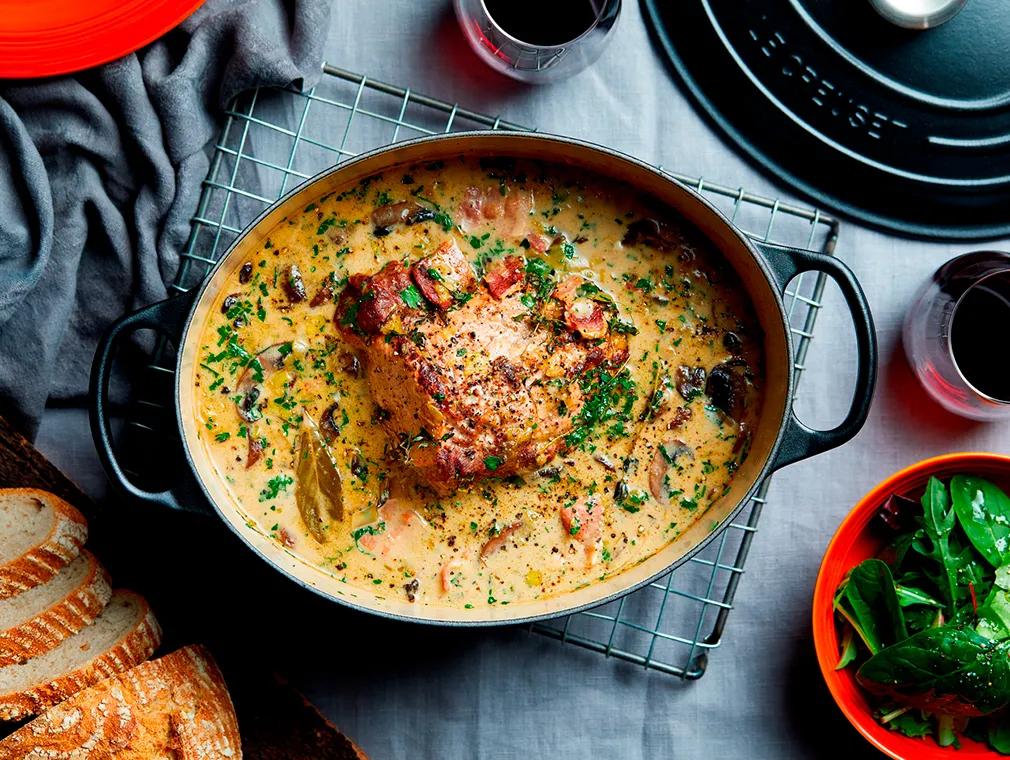 Pork Shoulder with Leeks, Chestnut Mushrooms and Cream