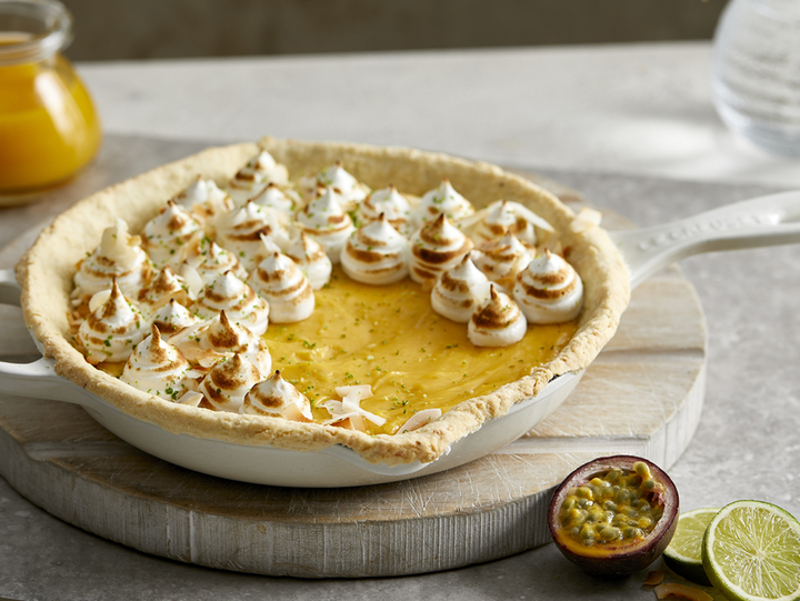 Tropical Curd Skillet Tart with Meringue Kisses & Toasted Coconut