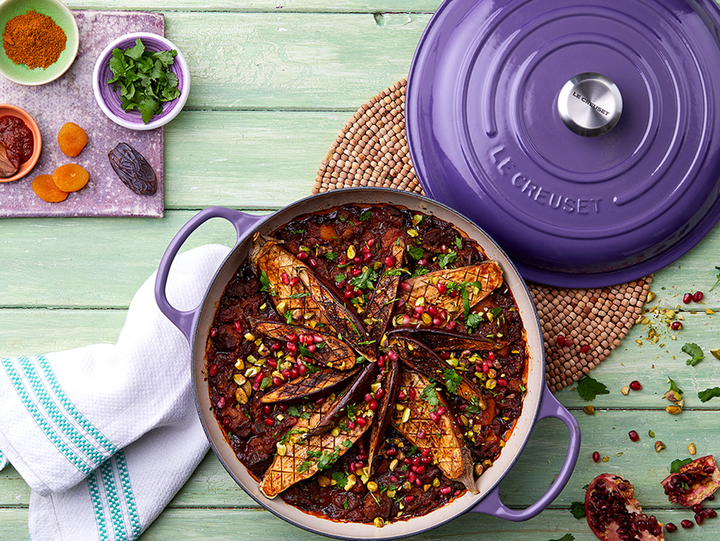 Slow Cooked Moroccan Lamb Tagine With Aubergine Flower Topping