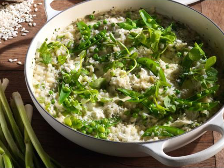 Spring Pea, Mint and Goats Cheese Risotto with Pea Shoots and Crème Fraiche