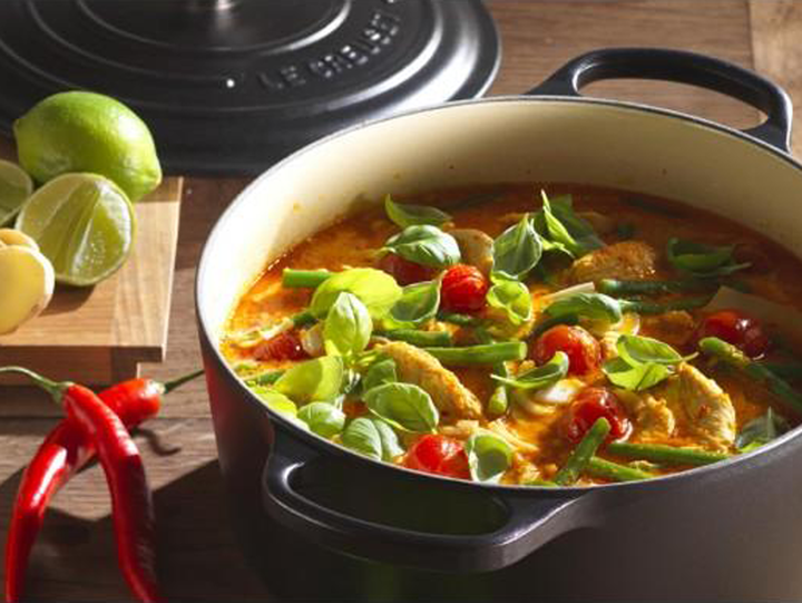 Thai Red Chicken Curry with Green Beans, Cherry Tomatoes and Basil