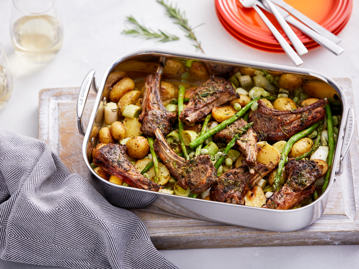 Spring Vegetable and Lamb Tray Bake