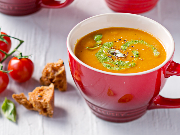 Roasted Tomato Soup with Basil Pesto