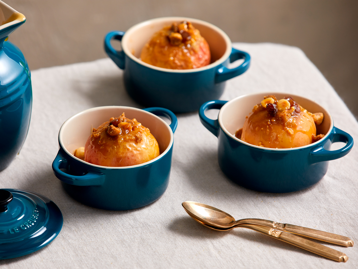 Stuffed Baked Apples with Hazelnut Crumb & Cider Caramel Sauce