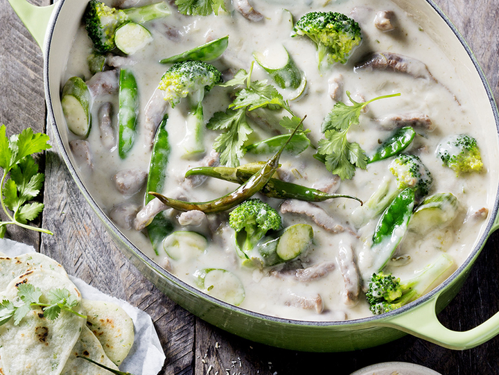 Thai Green Beef Curry with Crispy Coconut Pancakes