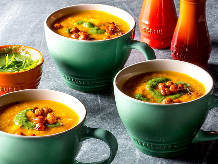 Roasted Carrot And Ginger Soup With Pesto And Spicy Chickpeas