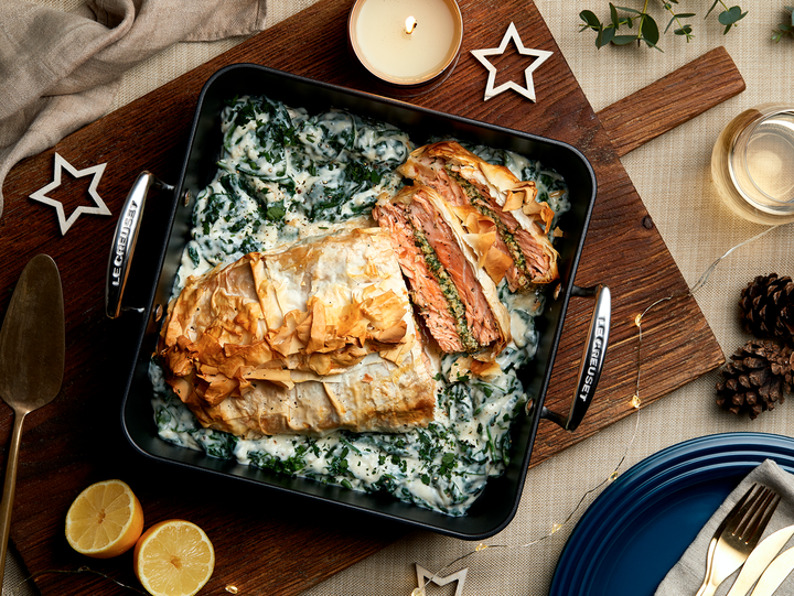 Salmon Wellington with a Salmon, Crab & Watercress Paté & Creamed Spinach 