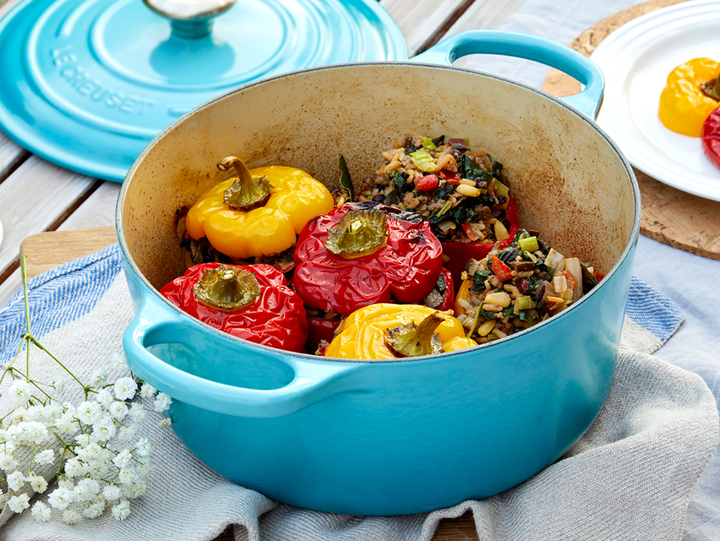 Stuffed Peppers with Rainbow Chard, Beef, Leeks, Pine Nuts and Currants