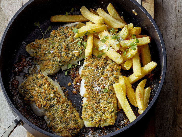 Parmesan and Herb Crusted Hake with Twice-cooked Chips