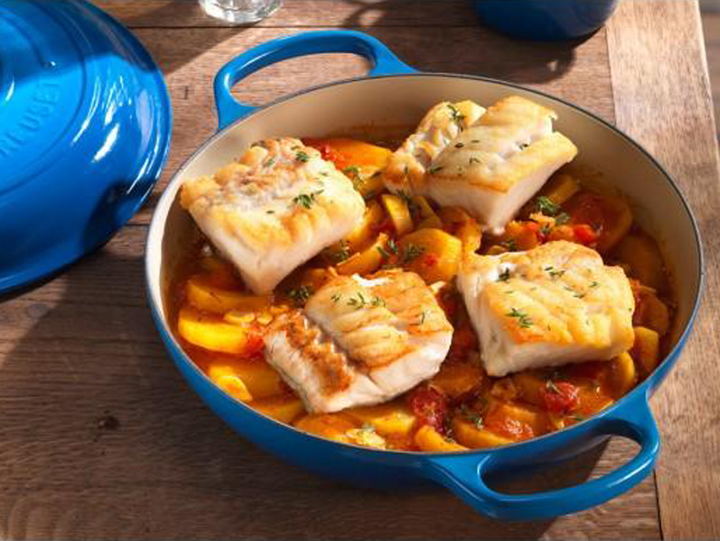Baked Cod on braised Saffron with tomatoes and potatoes
